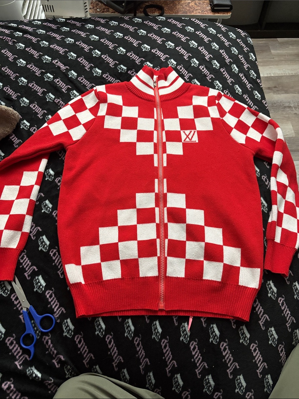 Red & White Checker Zip-Up Sweater Jacket